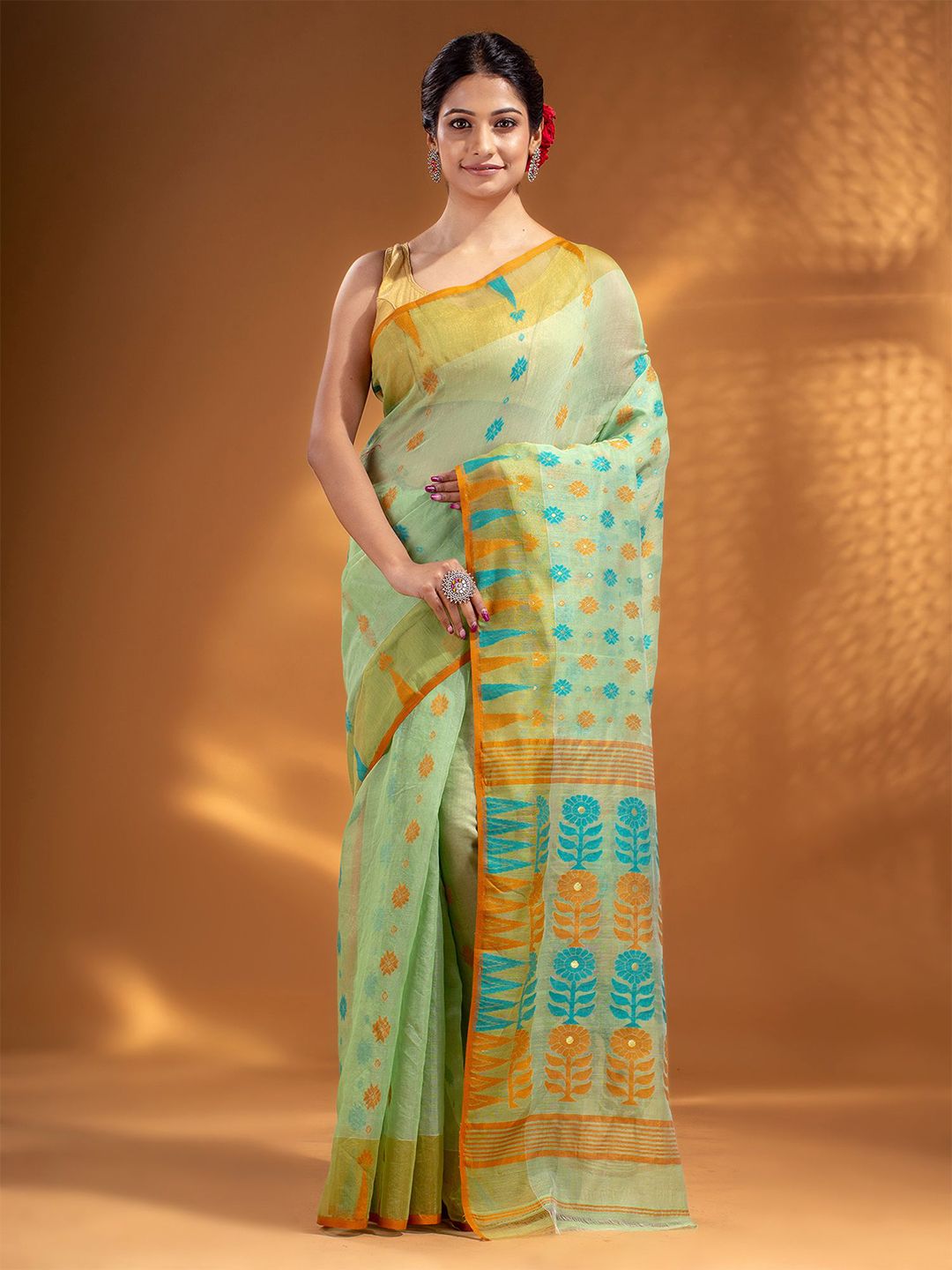 Arhi Green & Orange Woven Design Silk Cotton Jamdani Saree Price in India