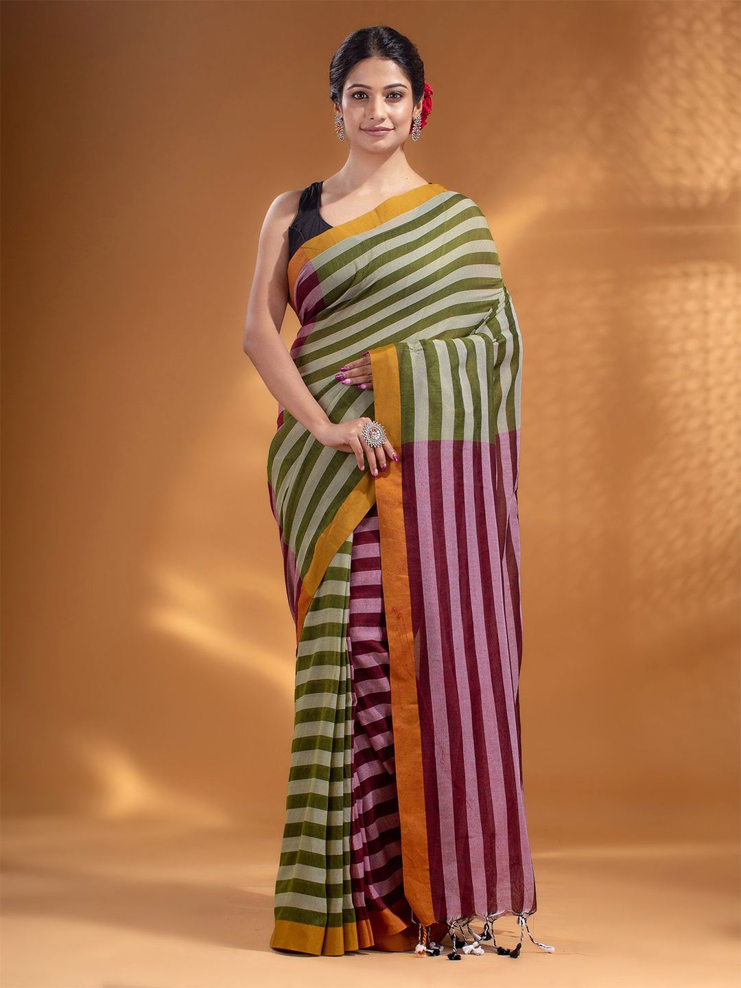Arhi Green & Maroon Woven Design Pure Cotton Saree Price in India