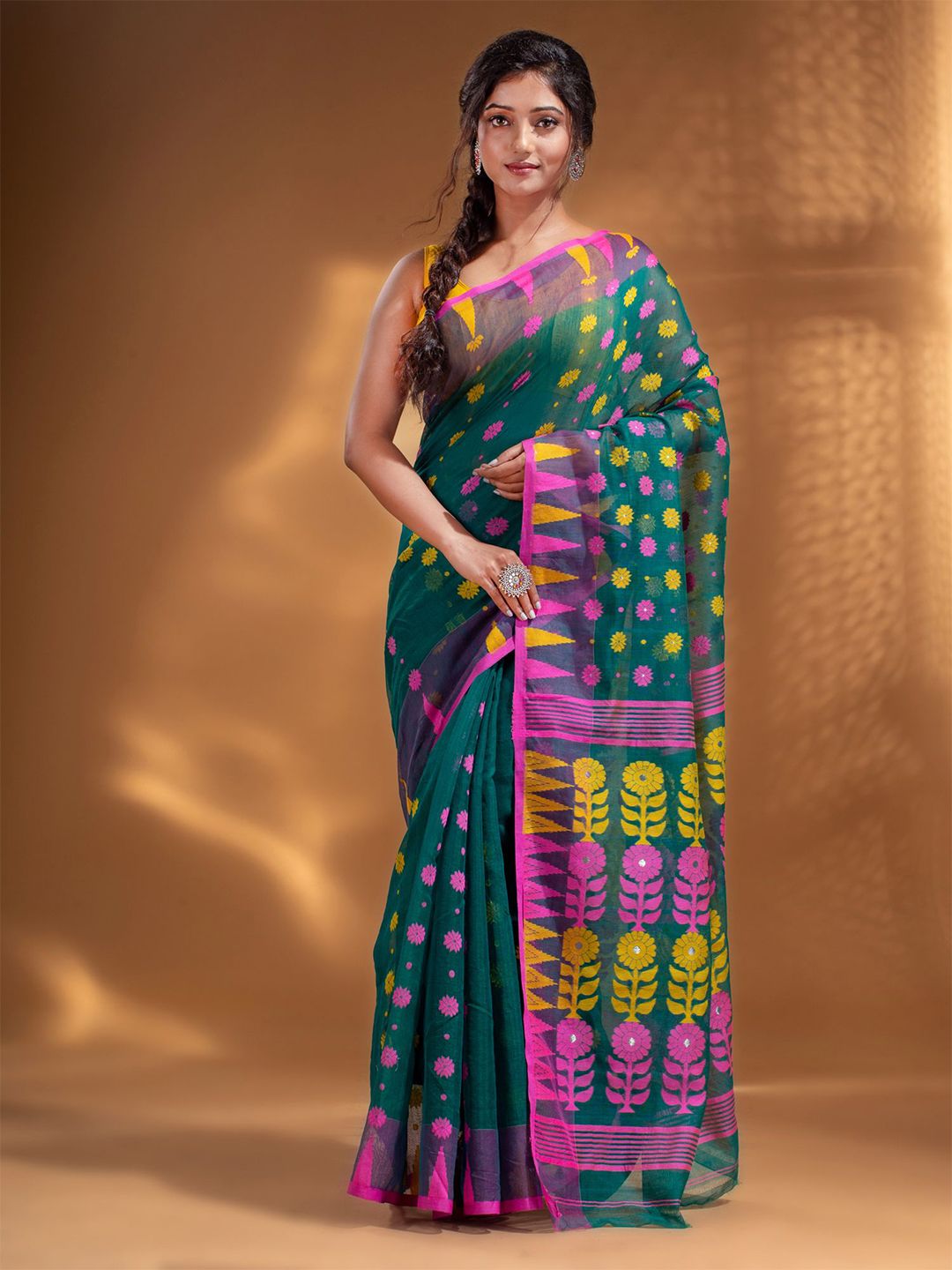 Arhi Teal & Green Woven Design Silk Cotton Jamdani Saree Price in India