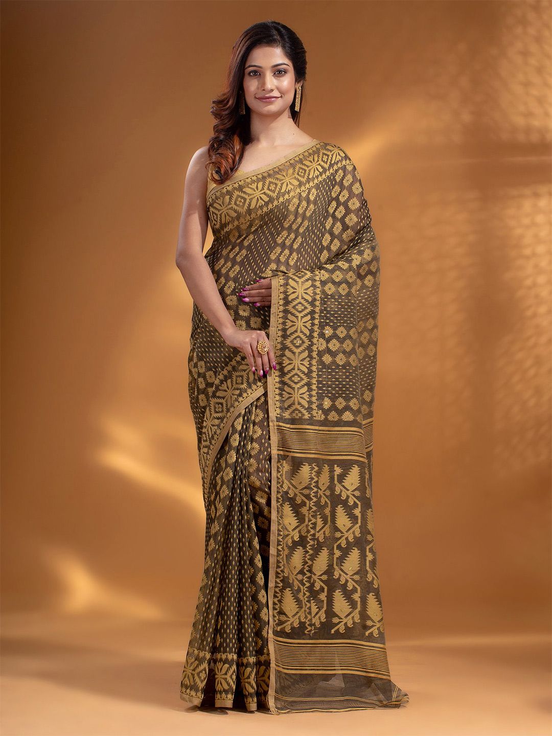 Arhi Brown & Orange Woven Design Silk Cotton Jamdani Saree Price in India
