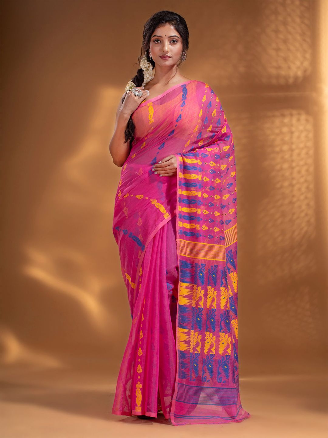 Arhi Pink & Blue Woven Design Silk Cotton Jamdani Saree Price in India