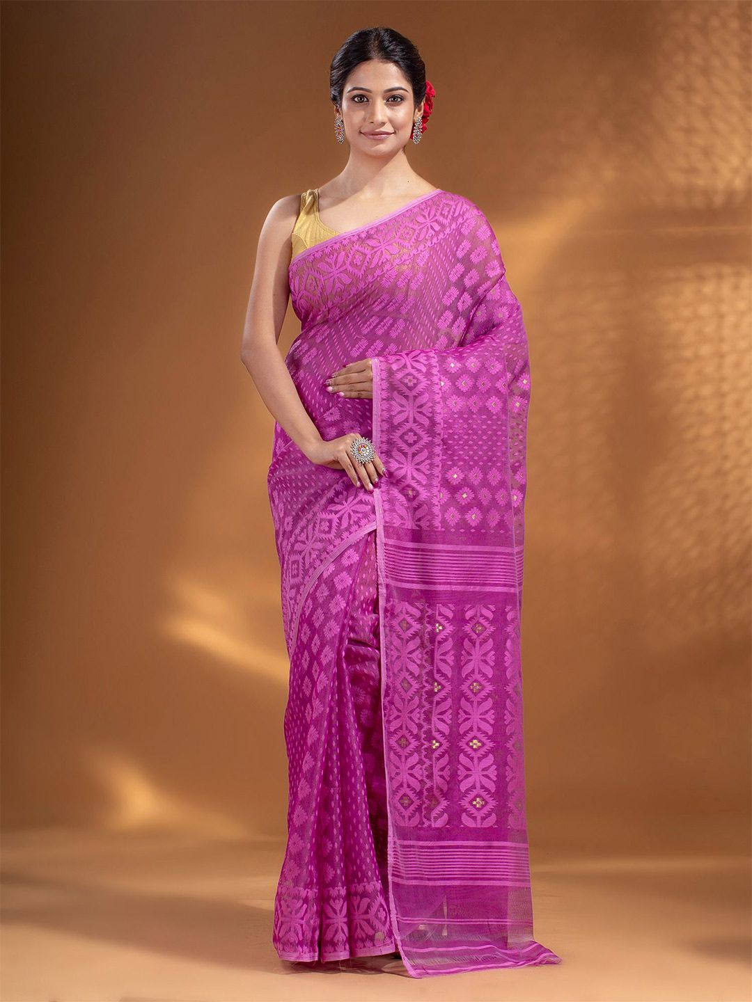 Arhi Pink & Grey Woven Design Silk Cotton Jamdani Saree Price in India