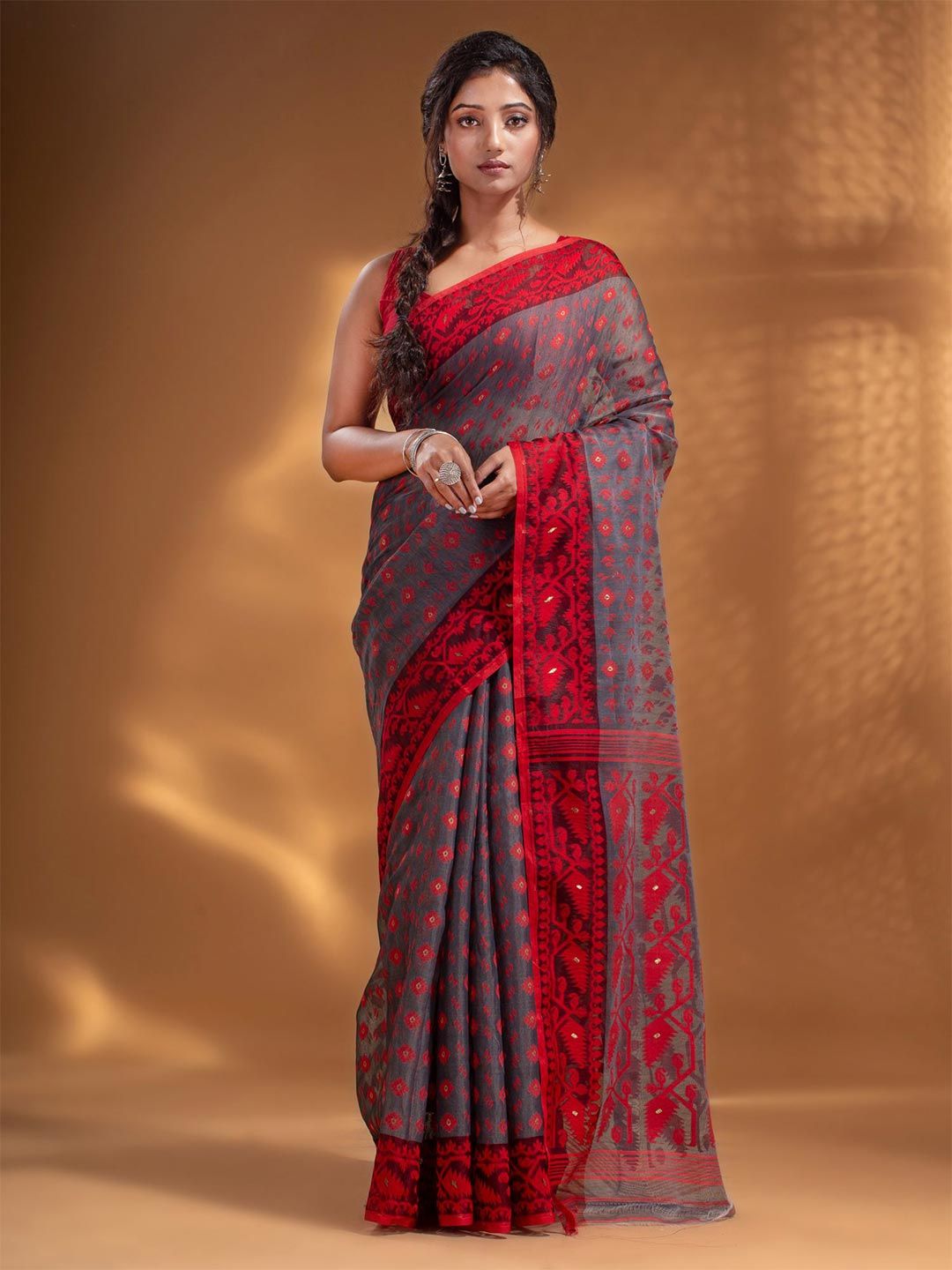 Arhi Grey & Pink Woven Design Silk Cotton Jamdani Saree Price in India
