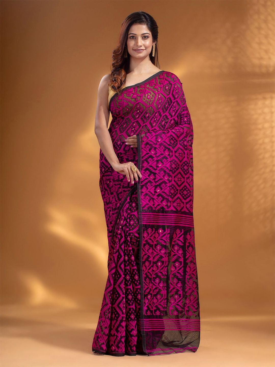 Arhi Black & Purple Woven Design Silk Cotton Jamdani Saree Price in India
