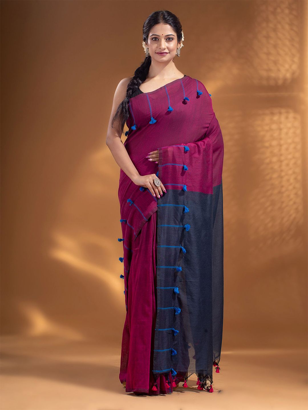 Arhi Magenta & Navy Blue Woven Design Pure Cotton Saree Price in India