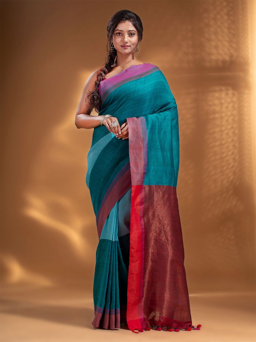 Arhi Teal & Orange Woven Design Pure Cotton Saree Price in India