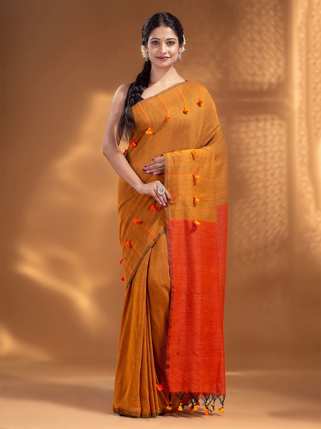 Arhi Mustard & Orange Woven Design Pure Cotton Saree Price in India