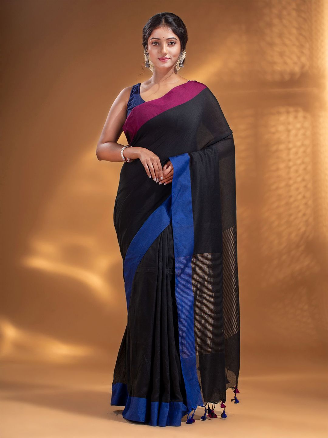 Arhi Black & Blue Woven Design Pure Cotton Saree Price in India