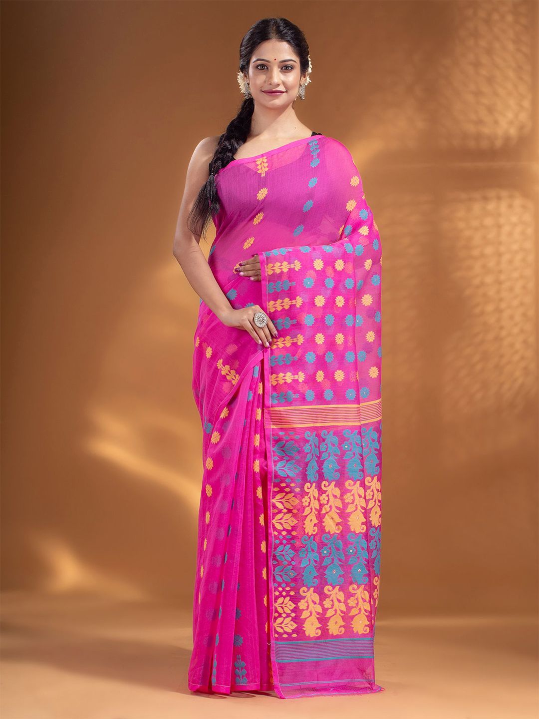 Arhi Fuchsia & Blue Woven Design Silk Cotton Jamdani Saree Price in India
