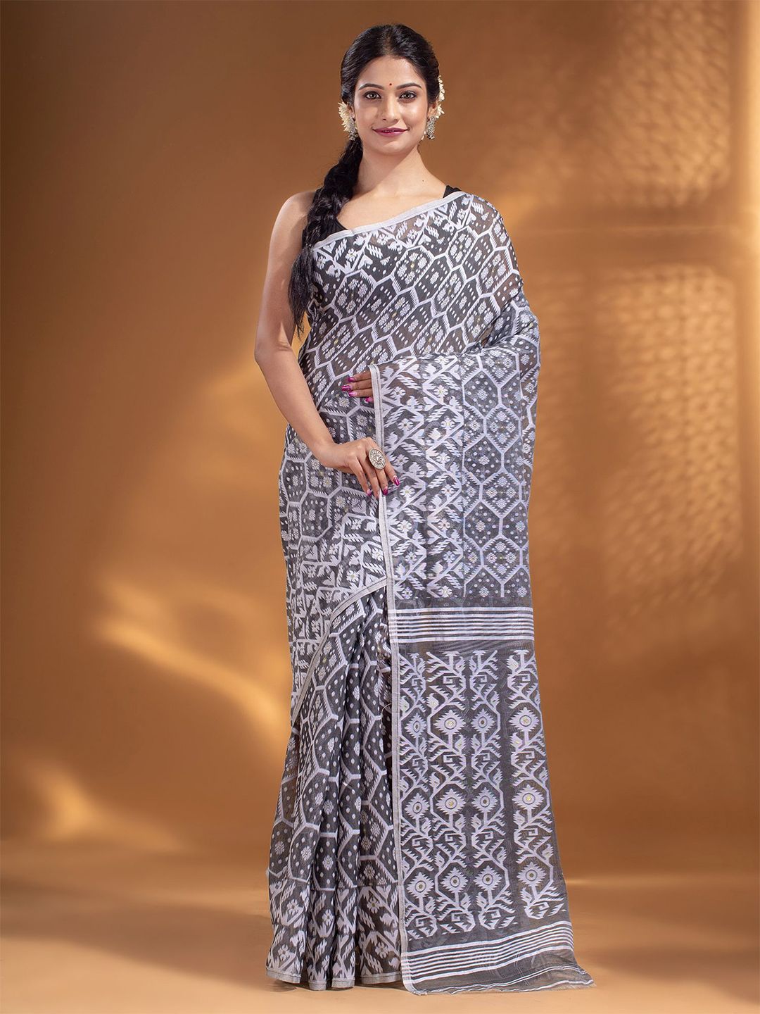 Arhi Grey & White Woven Design Silk Cotton Jamdani Saree Price in India