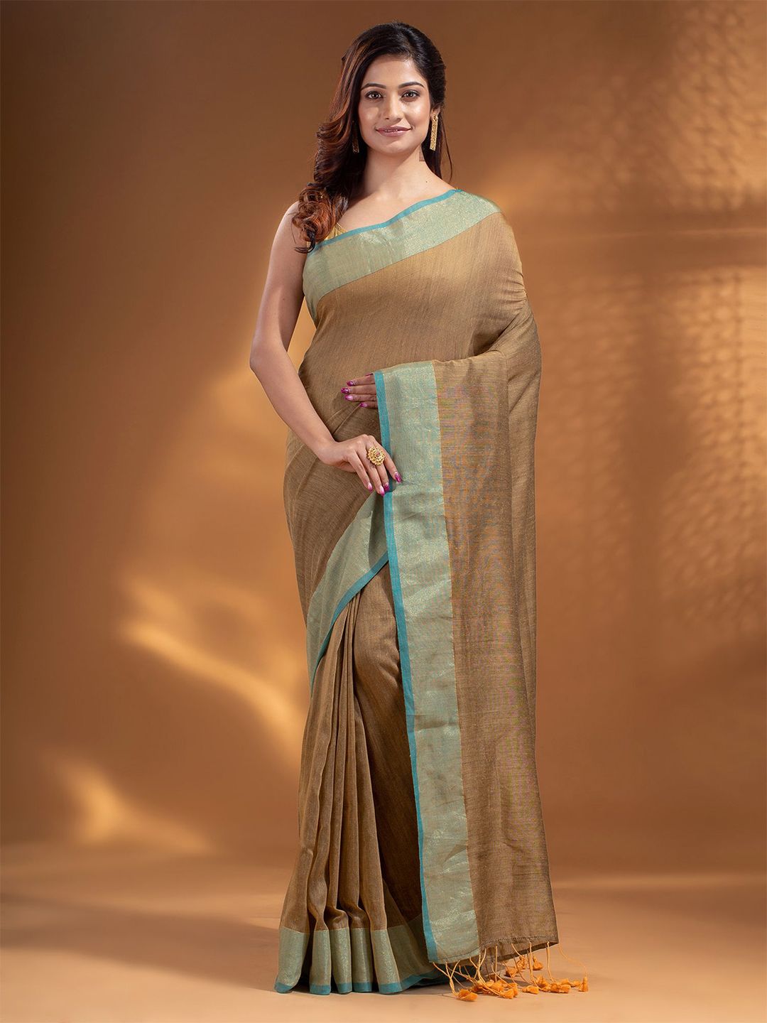 Arhi Beige & Green Woven Design Pure Cotton Saree Price in India