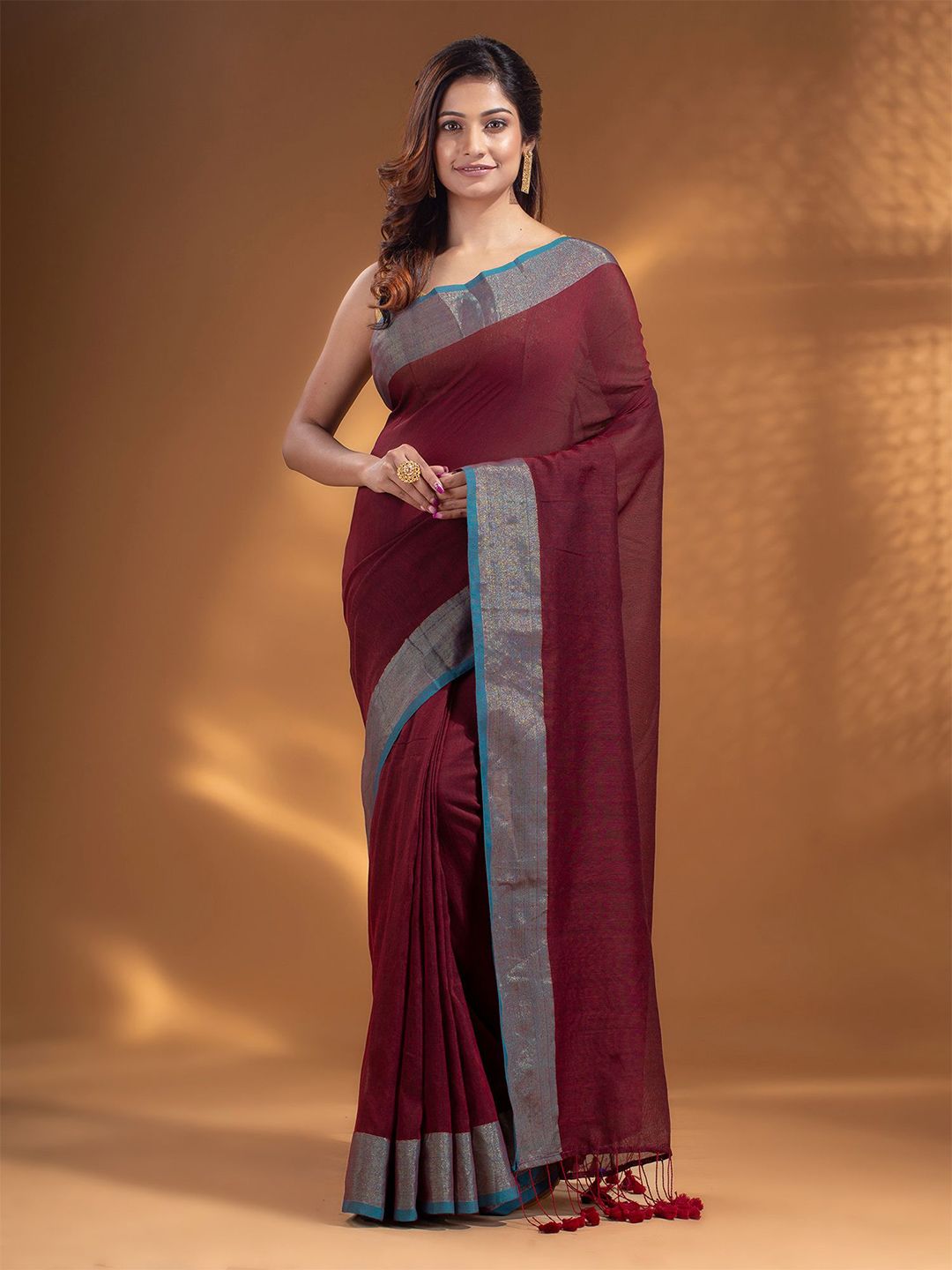Arhi Maroon & Blue Woven Design Pure Cotton Saree Price in India