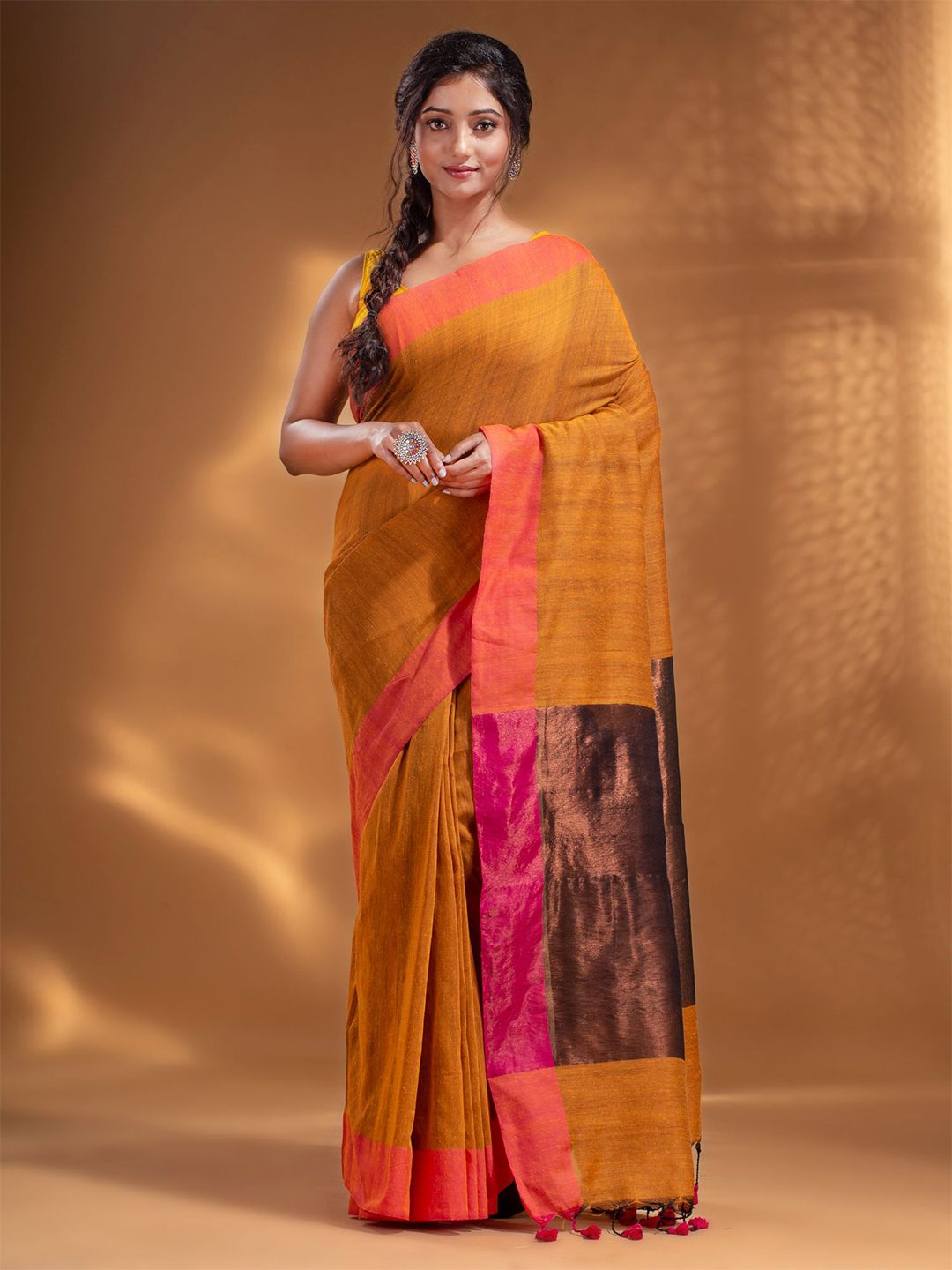 Arhi Yellow & Orange Woven Design Pure Cotton Saree Price in India