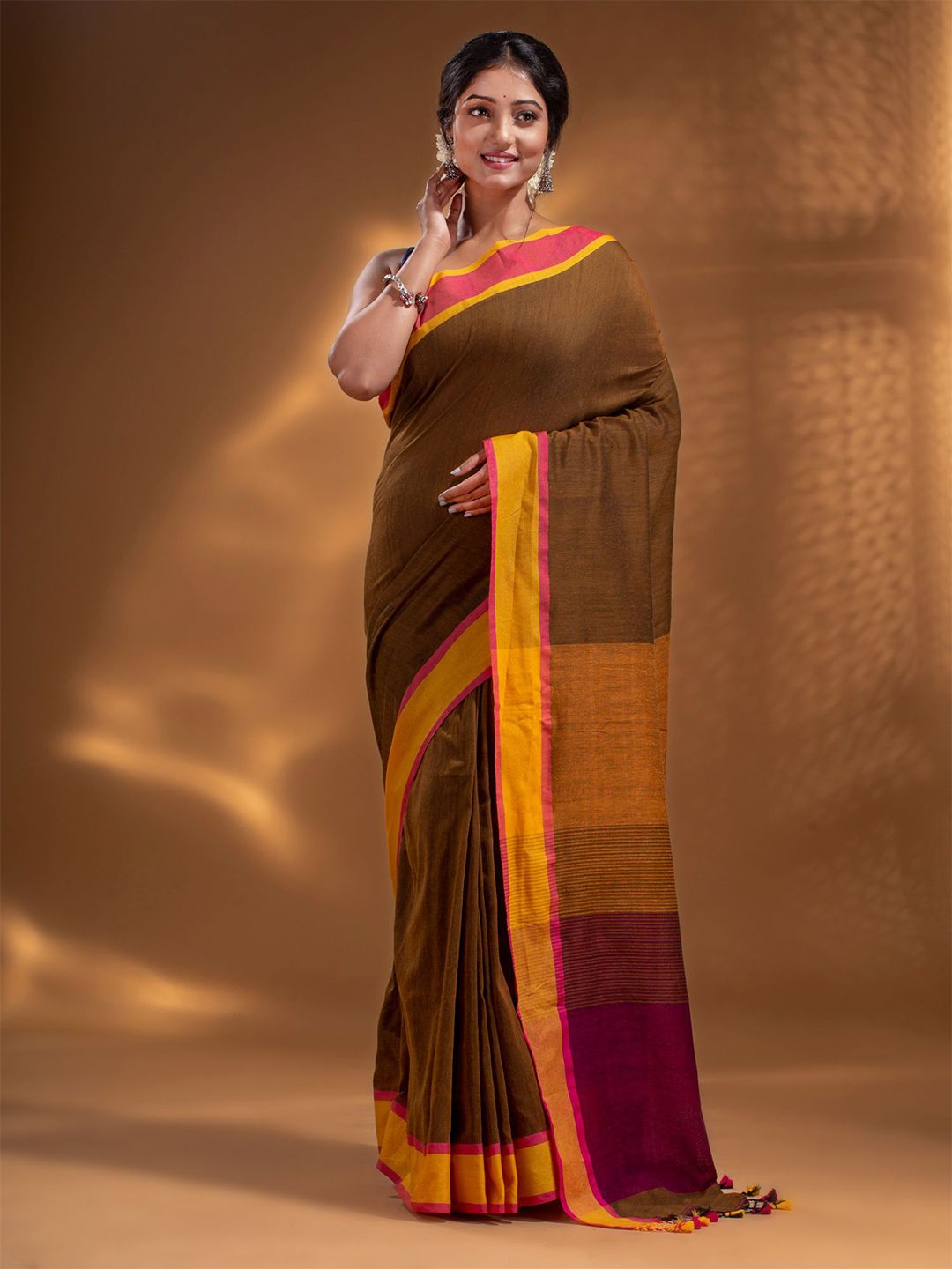 Arhi Brown & Orange Woven Design Pure Cotton Saree Price in India