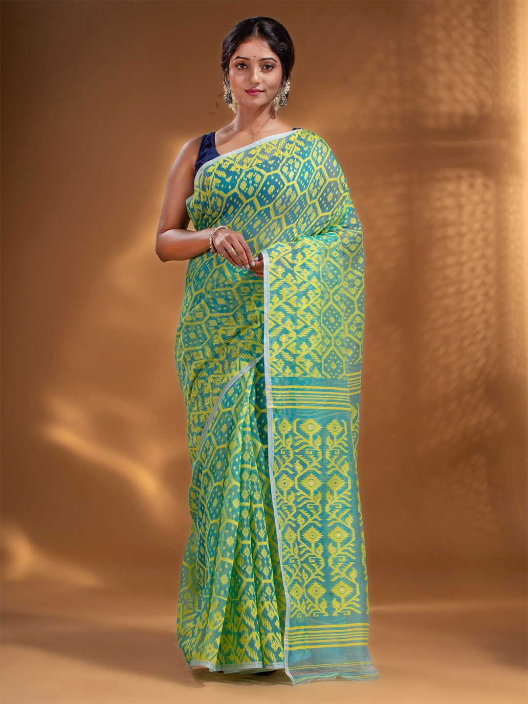 Arhi Blue & Yellow Woven Design Silk Cotton Jamdani Saree Price in India