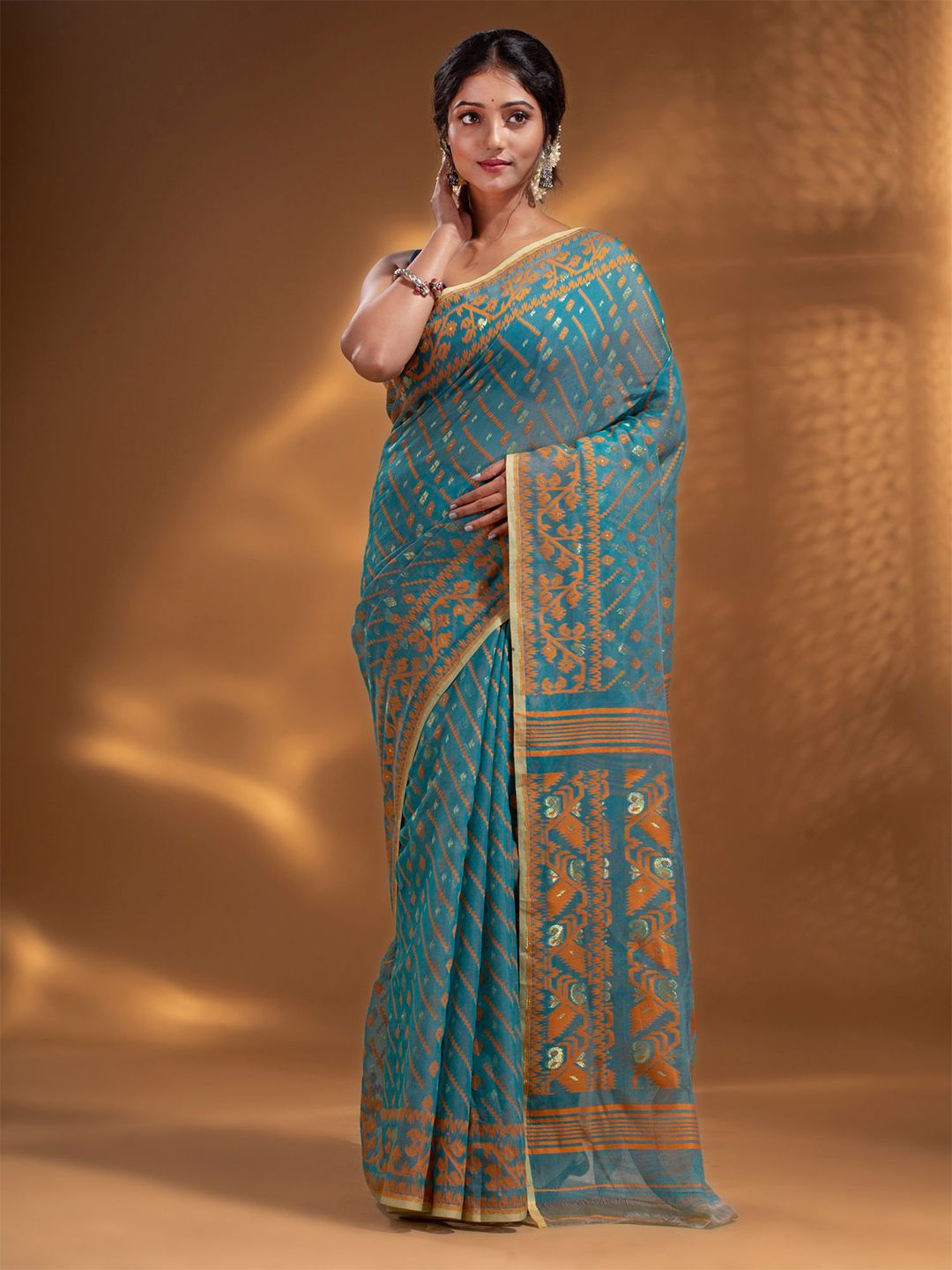 Arhi Blue & Peach-Coloured Woven Design Zari Silk Cotton Jamdani Saree Price in India