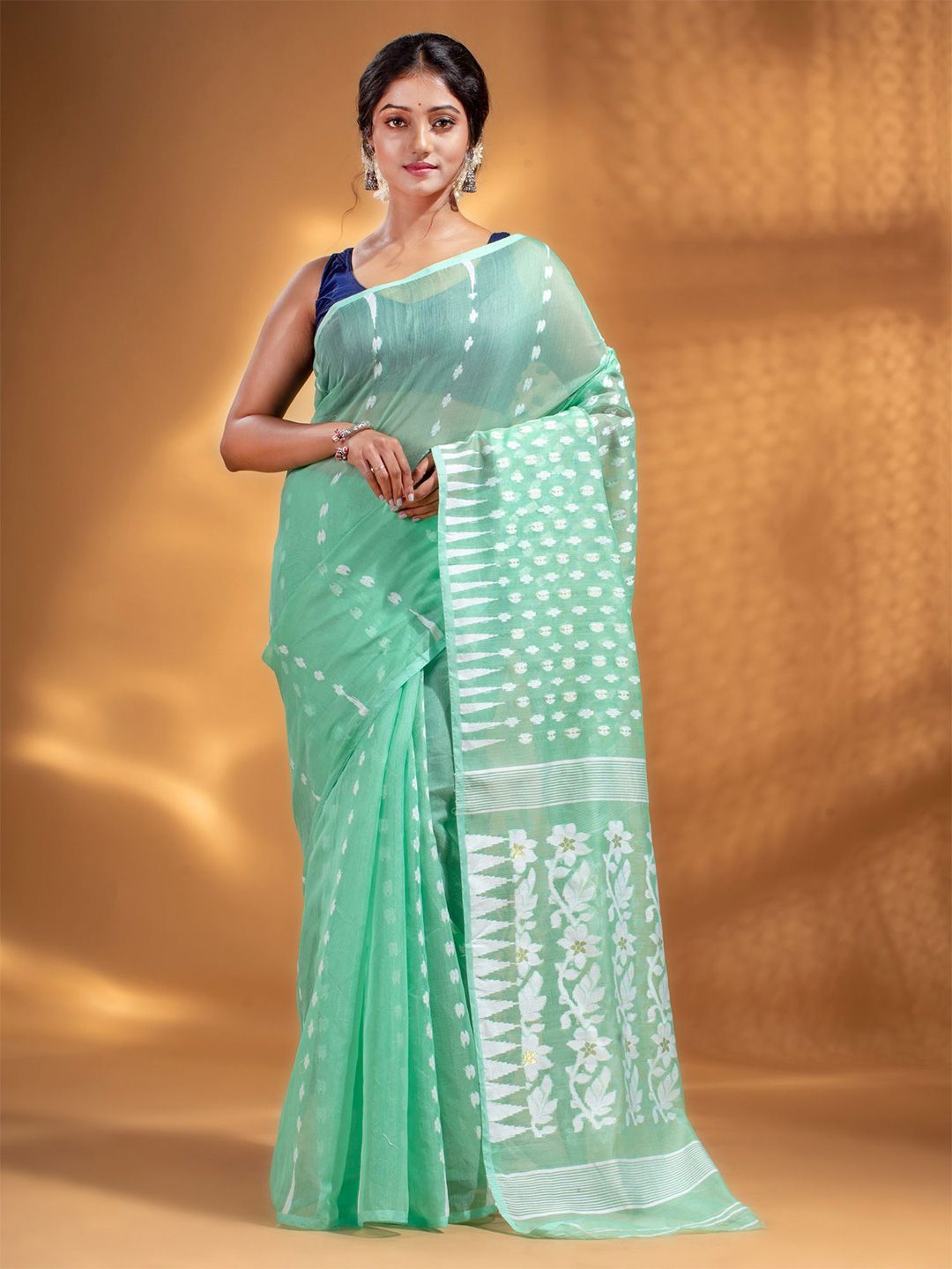 Arhi Green & White Woven Design Zari Silk Cotton Jamdani Saree Price in India