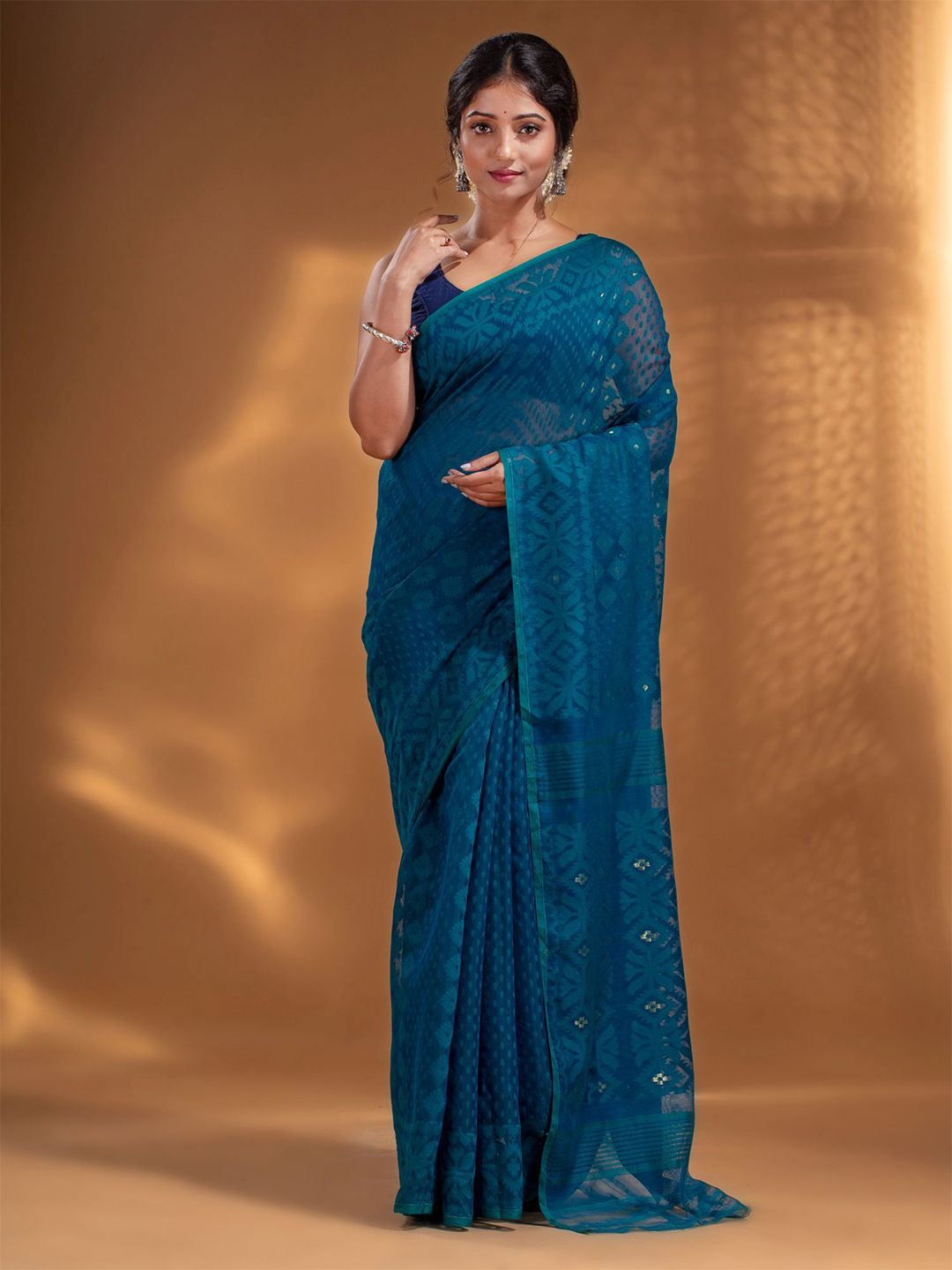 Arhi Blue Woven Design Zari Silk Cotton Jamdani Saree Price in India