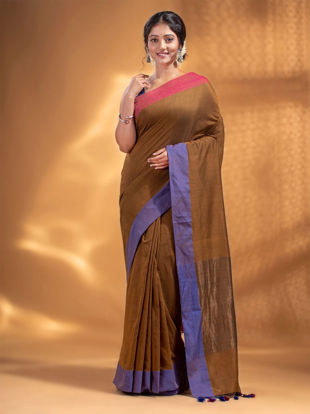 Arhi Brown & Lavender Woven Design Zari Pure Cotton Saree Price in India