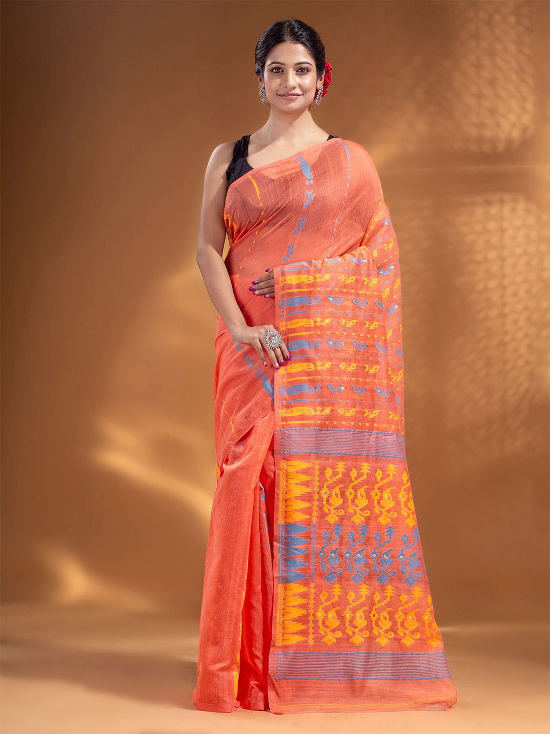 Arhi Peach-Coloured & Yellow Woven Design Zari Silk Cotton Jamdani Saree Price in India