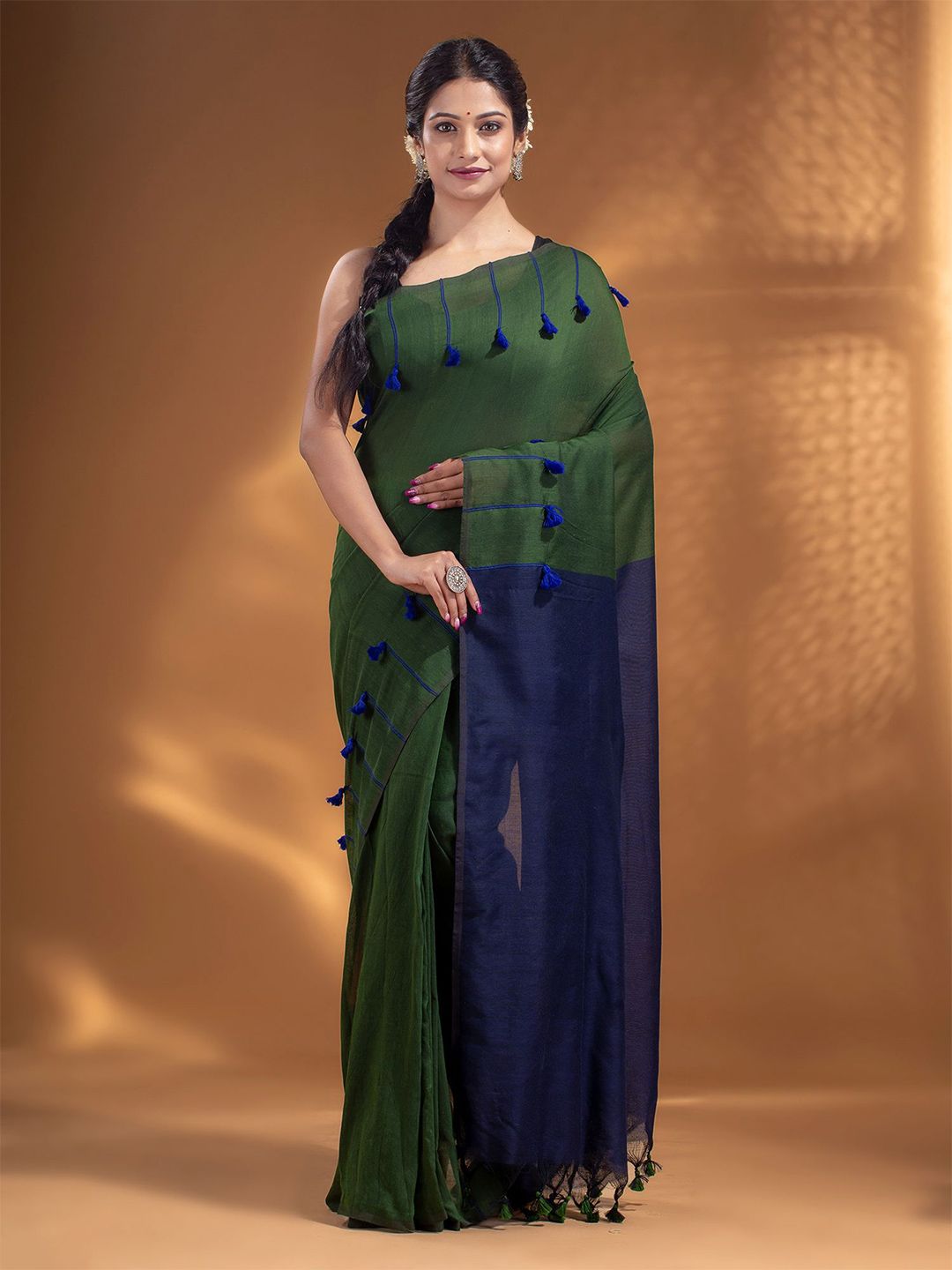 Arhi Green & Navy Blue Woven Design Zari Pure Cotton Saree Price in India