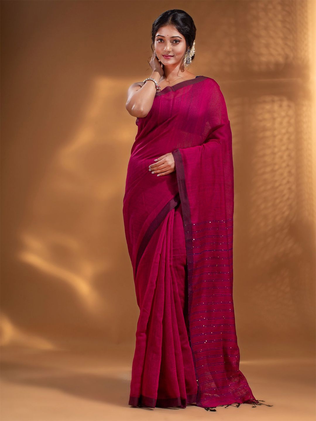 Arhi Magenta Woven Design Zari Pure Cotton Saree Price in India