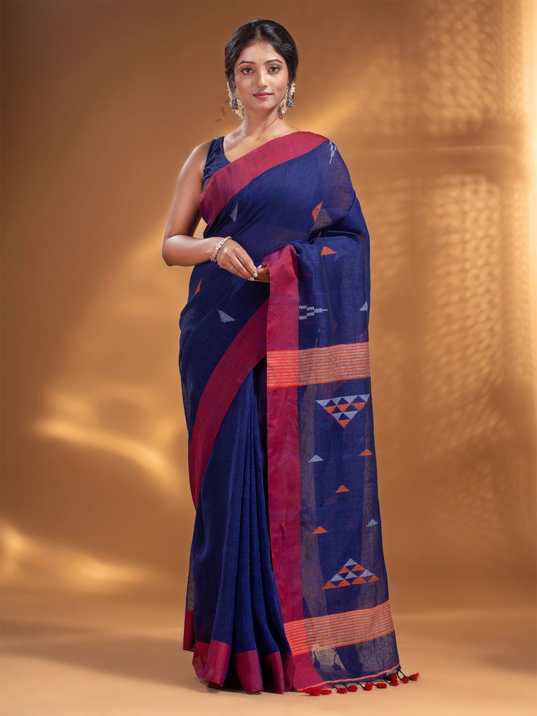 Arhi Blue & Pink Woven Design Zari Pure Linen Saree Price in India