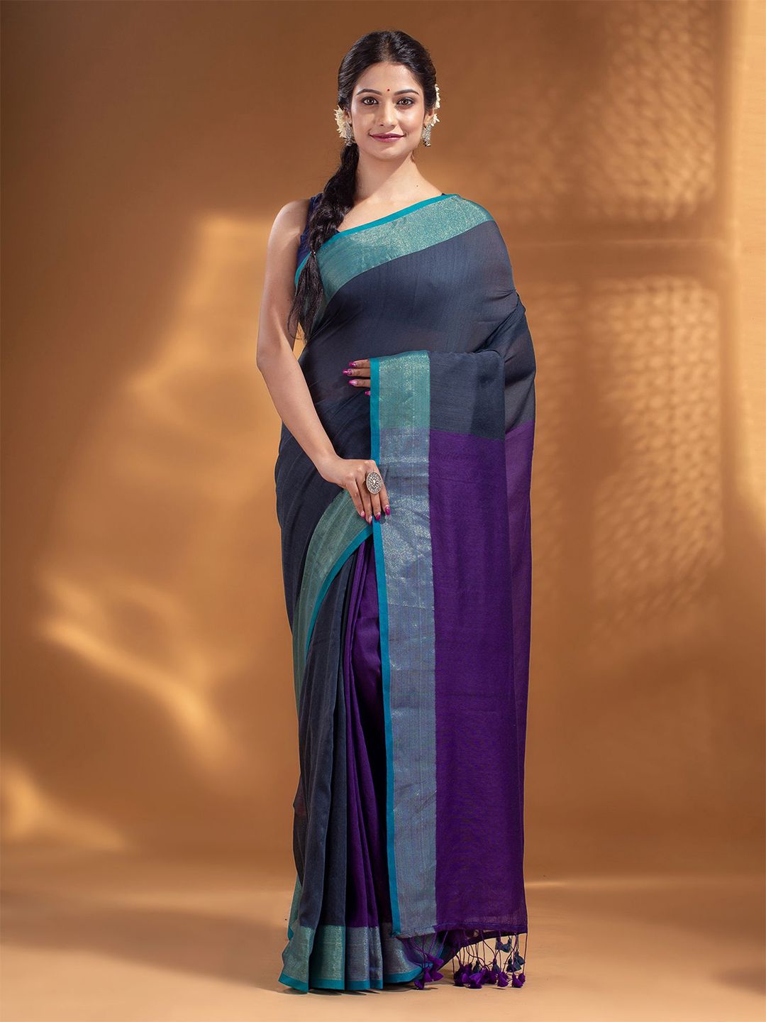Arhi Grey & Purple Woven Design Zari Pure Cotton Saree Price in India