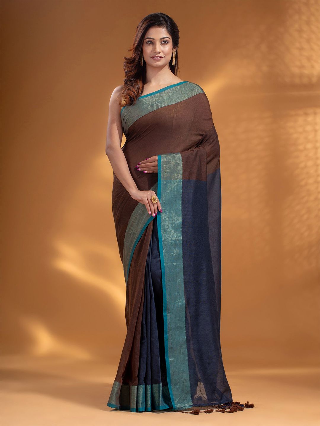 Arhi Brown & Green Woven Design Zari Pure Cotton Saree Price in India