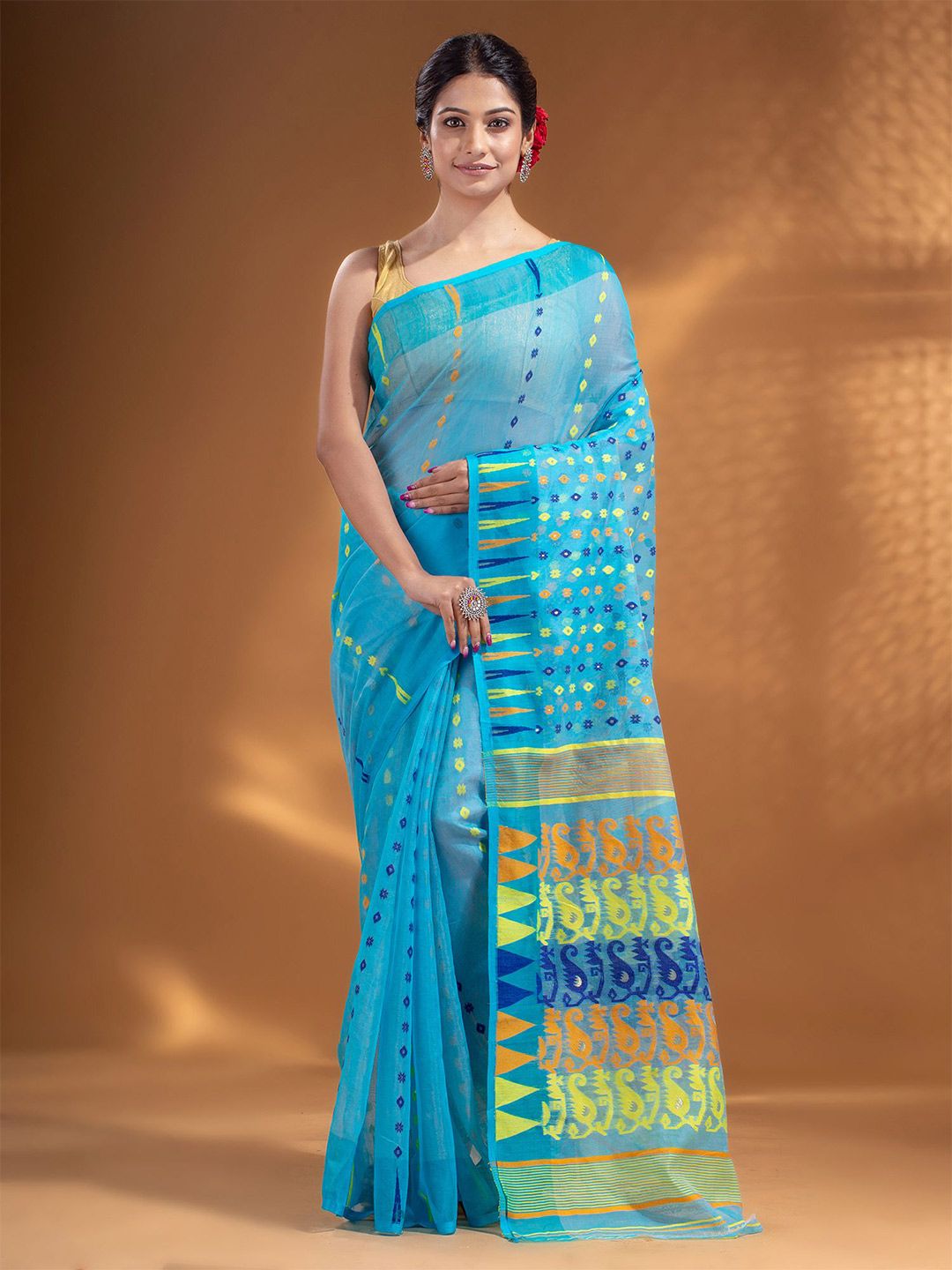 Arhi Blue & Yellow Woven Design Silk Cotton Jamdani Saree Price in India
