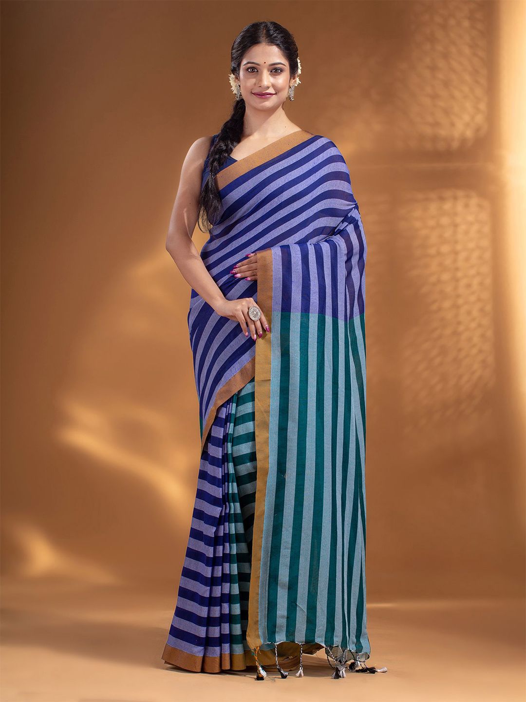 Arhi Blue & Green Woven Design Zari Pure Cotton Saree Price in India