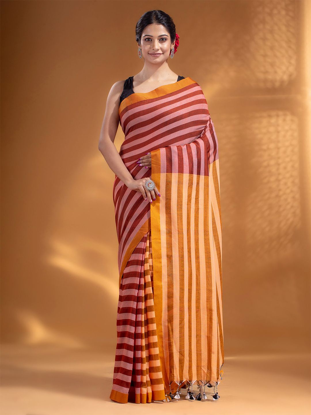 Arhi Maroon & Yellow Striped Pure Cotton Saree Price in India