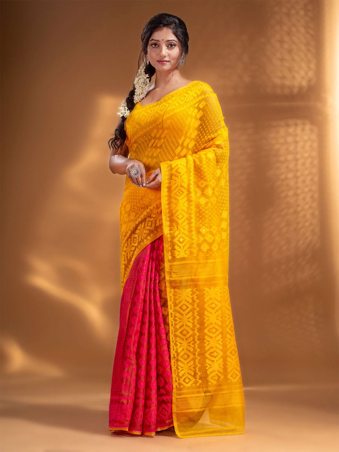 Arhi Yellow & Fuchsia Woven Design Silk Cotton Jamdani Saree Price in India