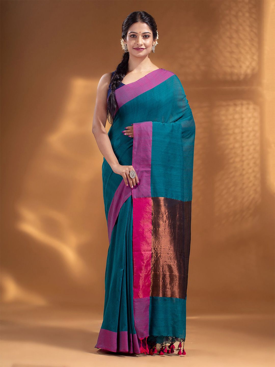 Arhi Teal & Copper-Toned Woven Design Zari Pure Cotton Saree Price in India