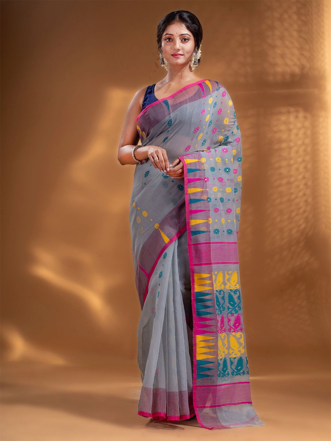 Arhi Grey & Yellow Woven Design Zari Silk Cotton Jamdani Saree Price in India