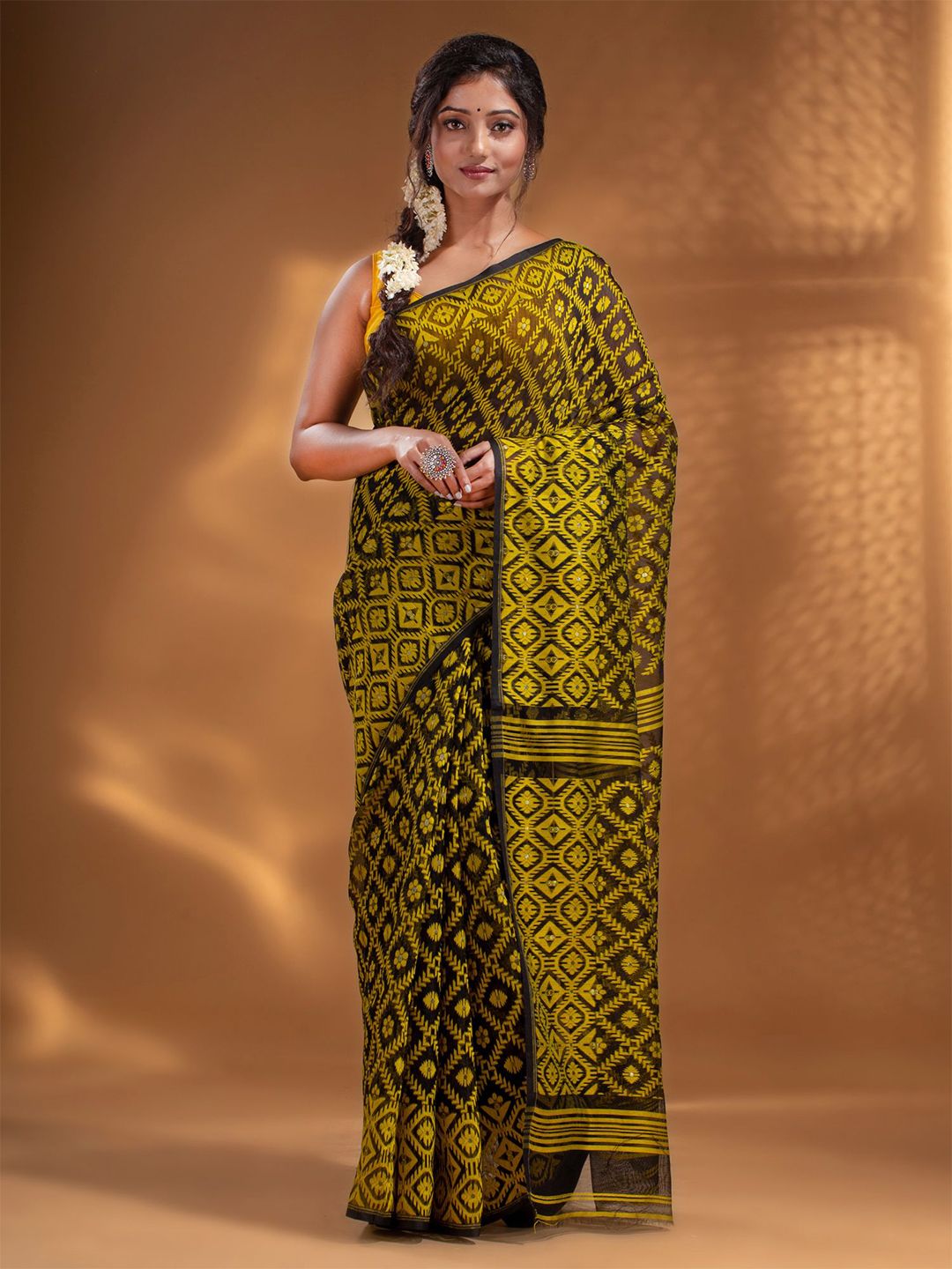Arhi Black & Yellow Floral Silk Cotton Jamdani Saree Price in India