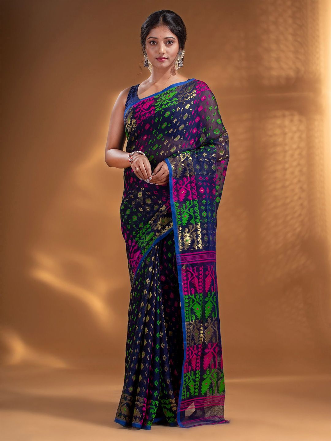 Arhi Blue & Green Woven Design Zari Silk Cotton Jamdani Saree Price in India