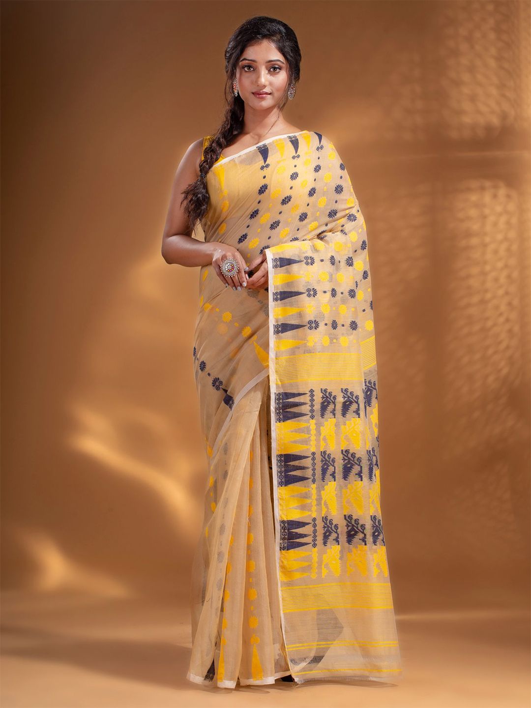 Arhi Beige & Yellow Woven Design Zari Silk Cotton Jamdani Saree Price in India