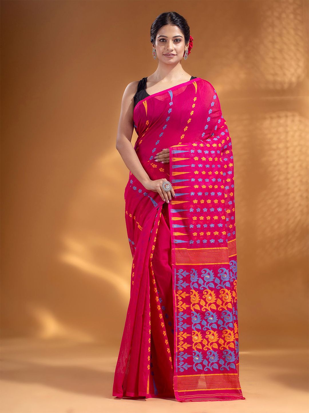 Arhi Fuchsia & Blue Woven Design Zari Silk Cotton Jamdani Saree Price in India