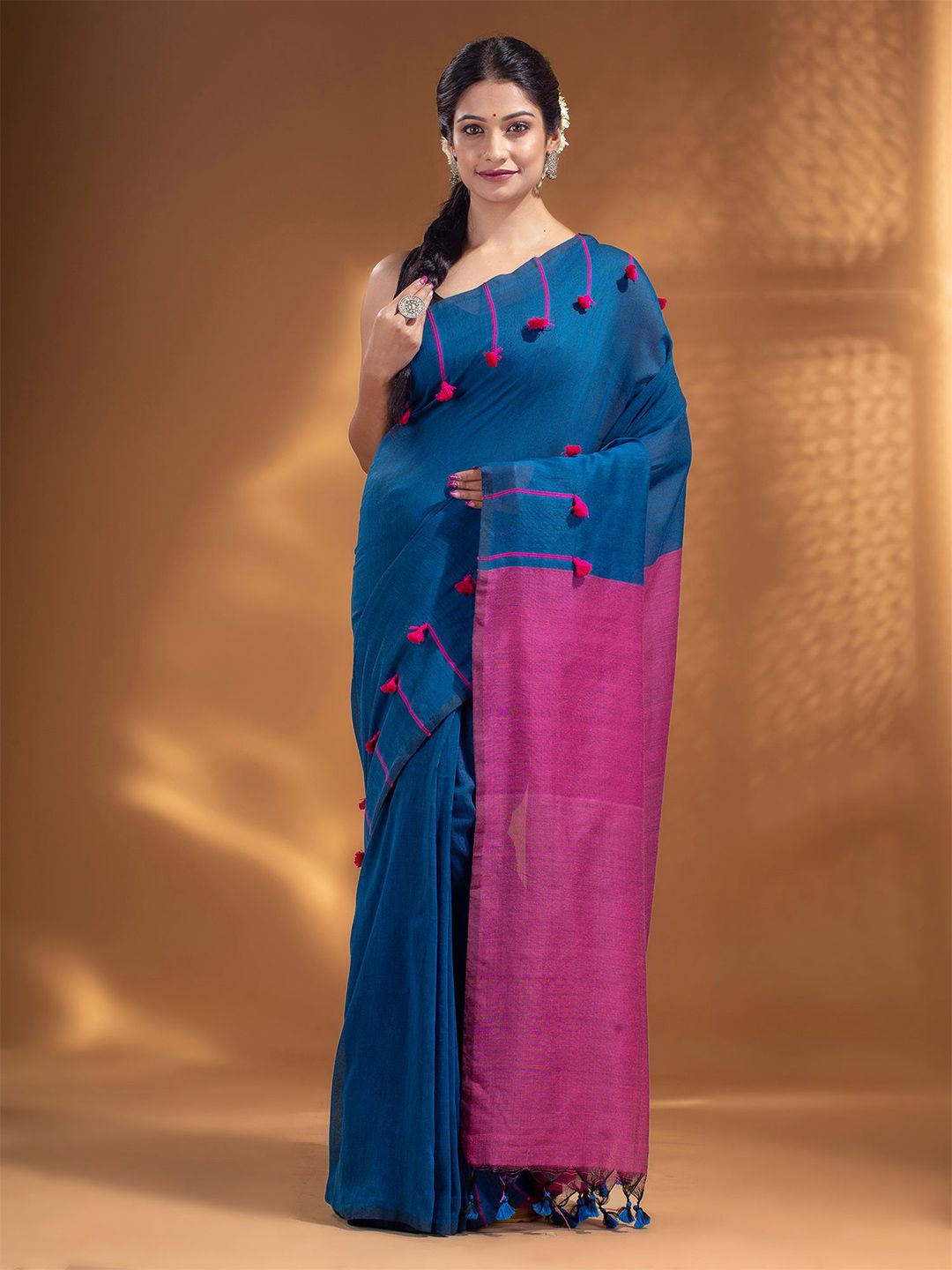Arhi Blue & Pink Woven Design Zari Pure Cotton Saree Price in India