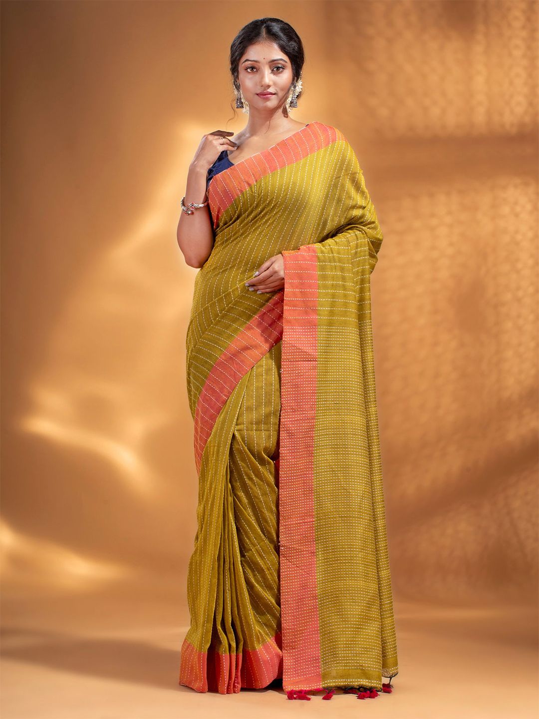 Arhi Green & Orange Woven Design Zari Pure Cotton Saree Price in India