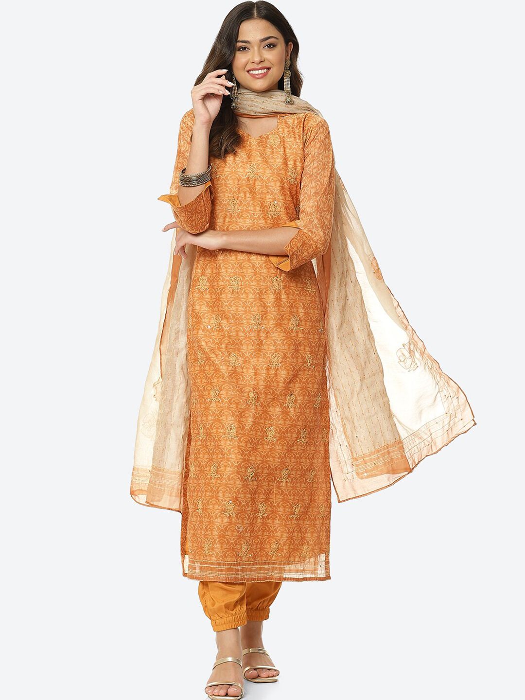 Biba Orange & Cream-Coloured Unstitched Dress Material Price in India