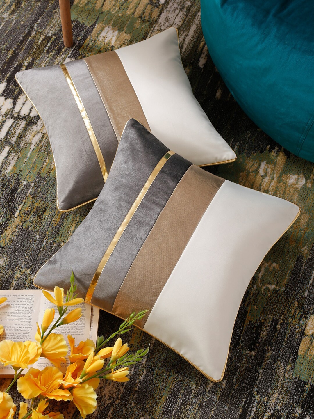 HOSTA HOMES White & Brown Pack of 2 Colourblocked Square Cushion Covers Price in India