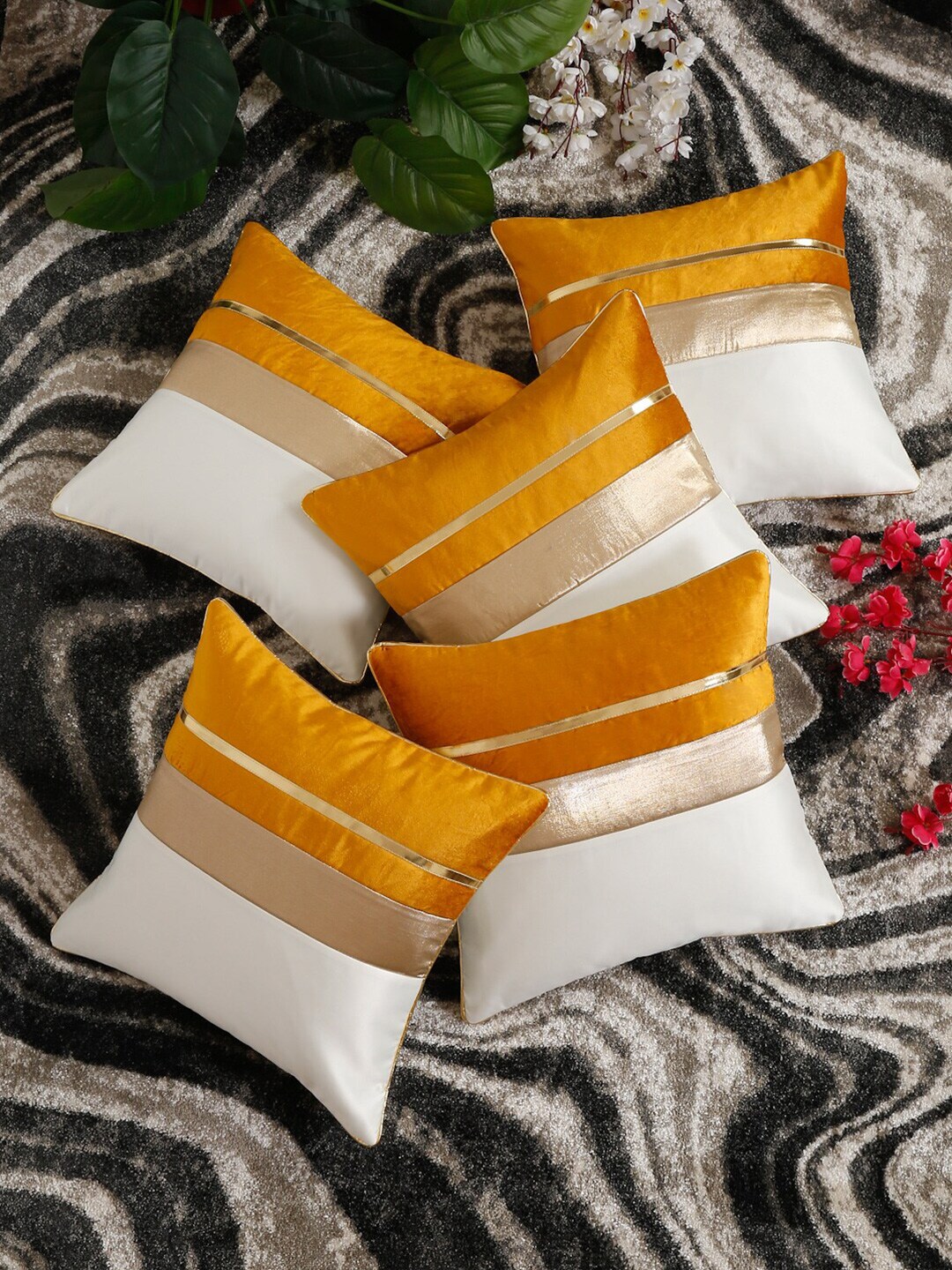 HOSTA HOMES Gold-Toned & Grey Set of 5 Colourblocked Square Cushion Covers Price in India