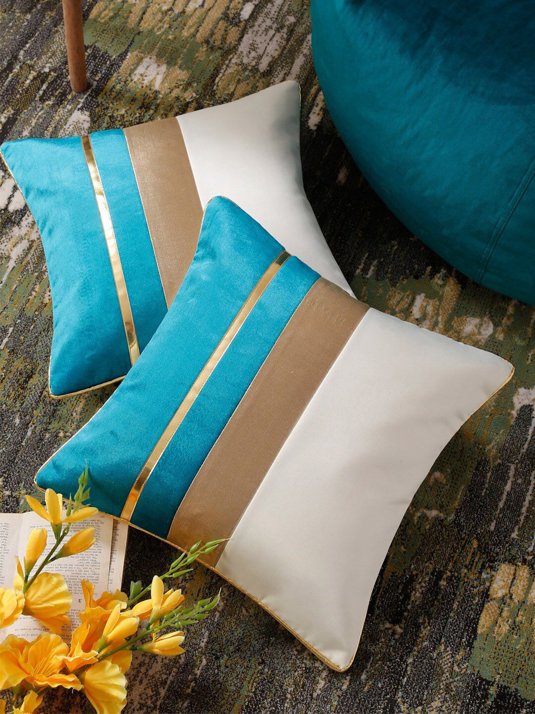 HOSTA HOMES Blue & Brown Set of 2 Colourblocked Square Cushion Covers Price in India