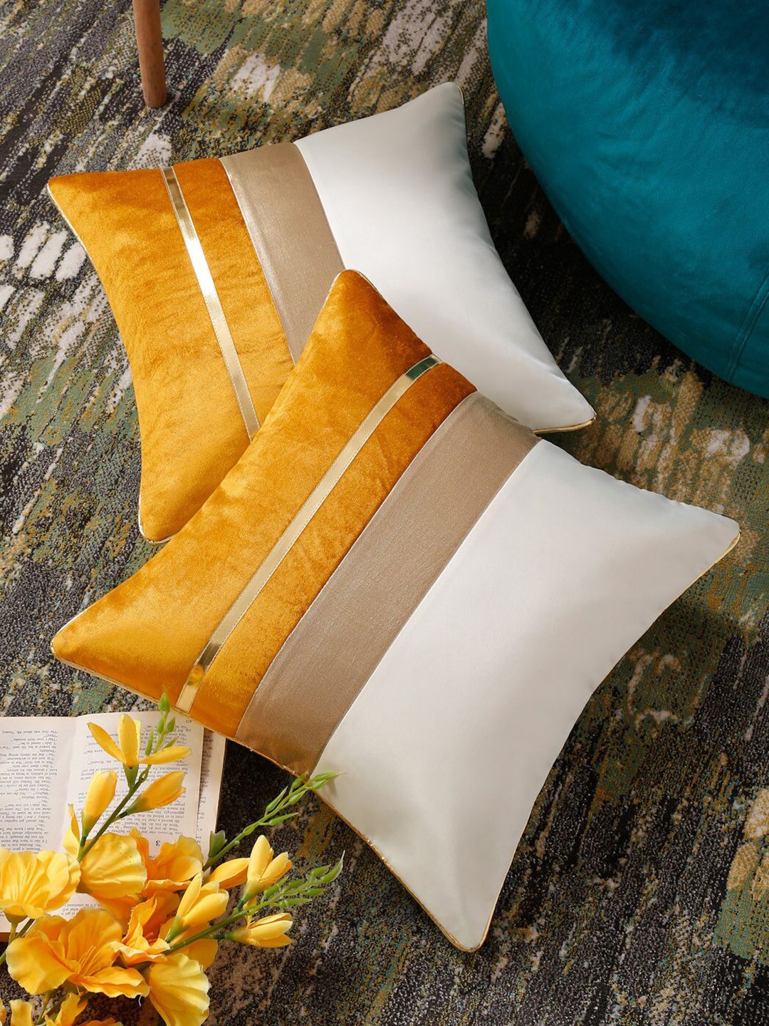 HOSTA HOMES White & Yellow Set of 2 Colourblocked Square Cushion Covers Price in India