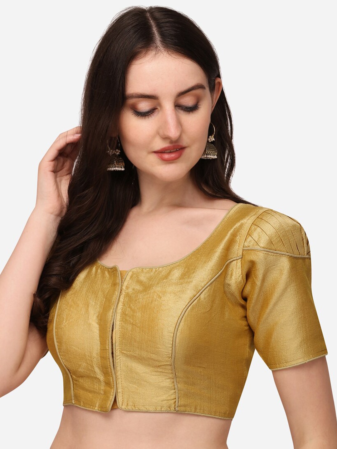 PUJIA MILLS Women Gold-Coloured Solid Silk Saree Blouse Price in India