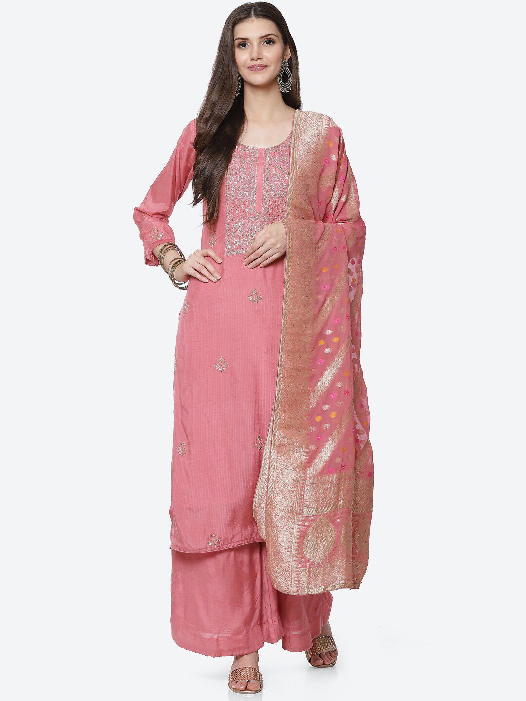Biba Pink Embroidered Unstitched Dress Material Price in India
