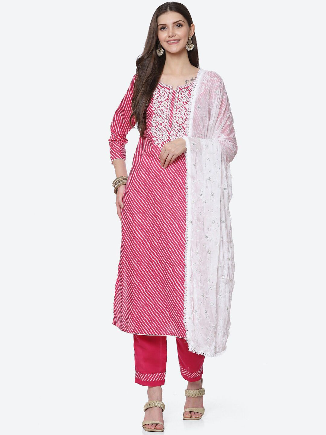 Biba Pink & White Printed Unstitched Dress Material Price in India