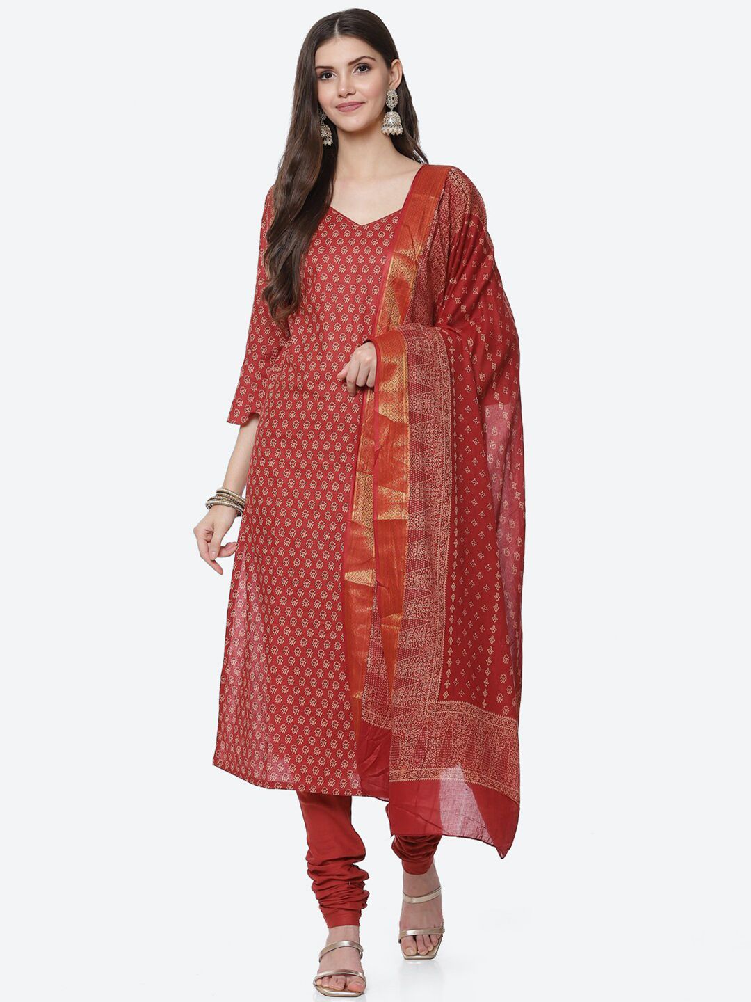 Biba Red & White Printed Unstitched Dress Material Price in India